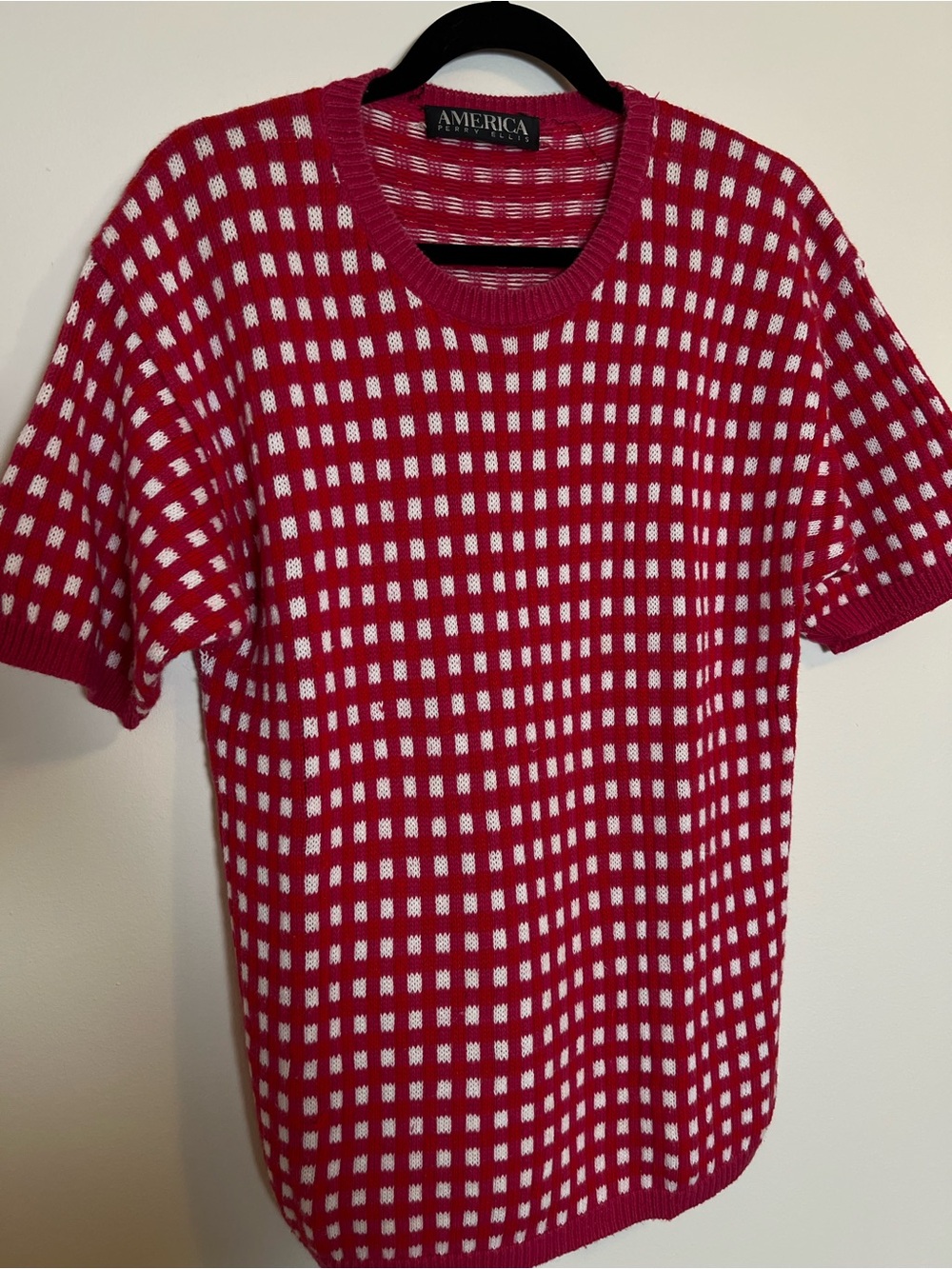 Perry Ellis Pink Red and White Gingham Knit Short-Sleeve Sweater Shirt